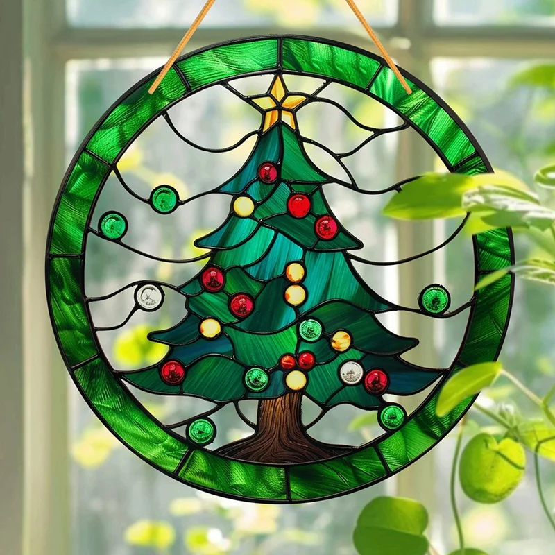 Colorful Christmas Tree Sun Catcher Acrylic Disc Painted Pendant Window Decoration Porch With Chain Home Pendant