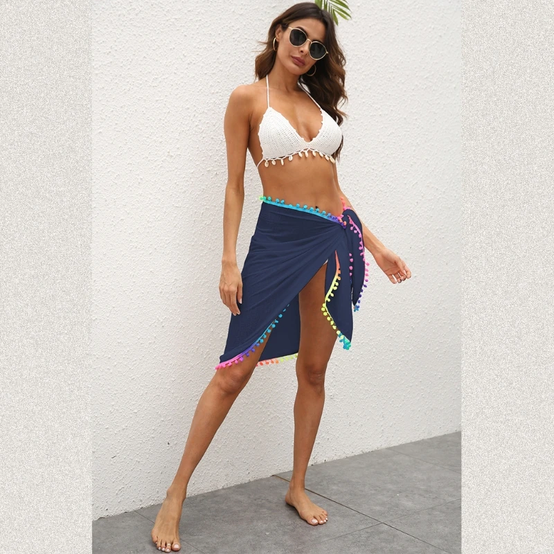 Womens Swimwear Cover Up Swimsuit Beach Sarong Bohemian Rainbow Pom Pom Trim Irregular Tie Waist Sheer Mesh Wrap