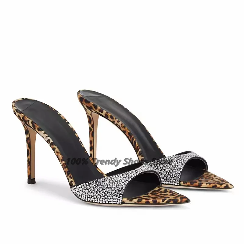 

European and American Pointed Slim Heeled High Heels For Women Wearing Leopard Print Sexy Rhinestone Super High Heels Sandals