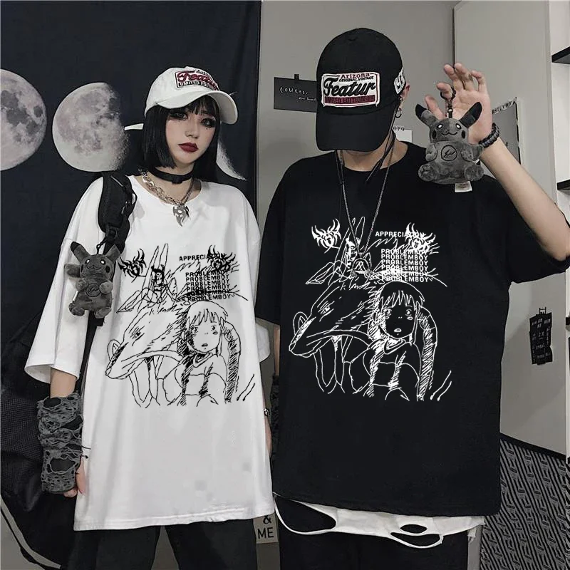 Camiseta Harajuku Y2K para mujer, camiseta de gran tamaño Retro de estilo coreano, ropa con estampado de Anime gótico Punk de demonio negro, Tops