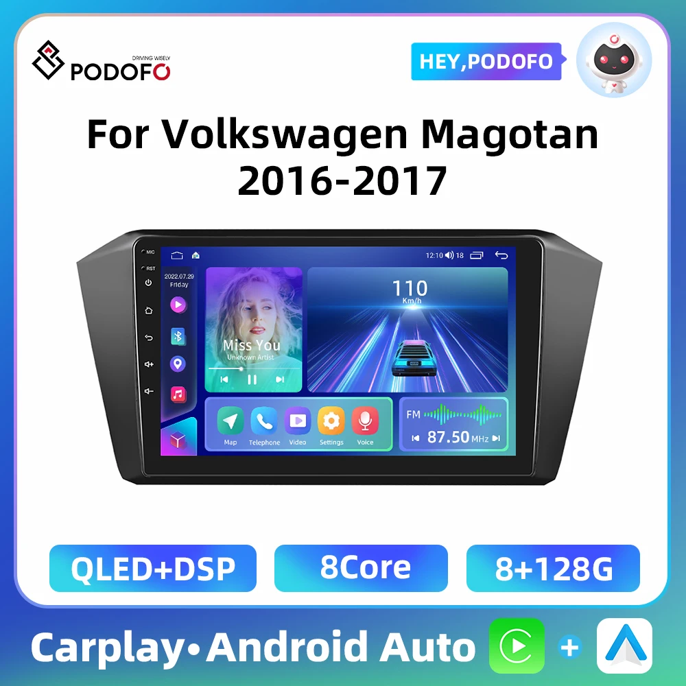 Podofo Carplay Android Car Radio For Volkswagen Magotan 2016-2017 Multimedia Player Android Auto GPS WIFI 4G AI Voice Car Audio