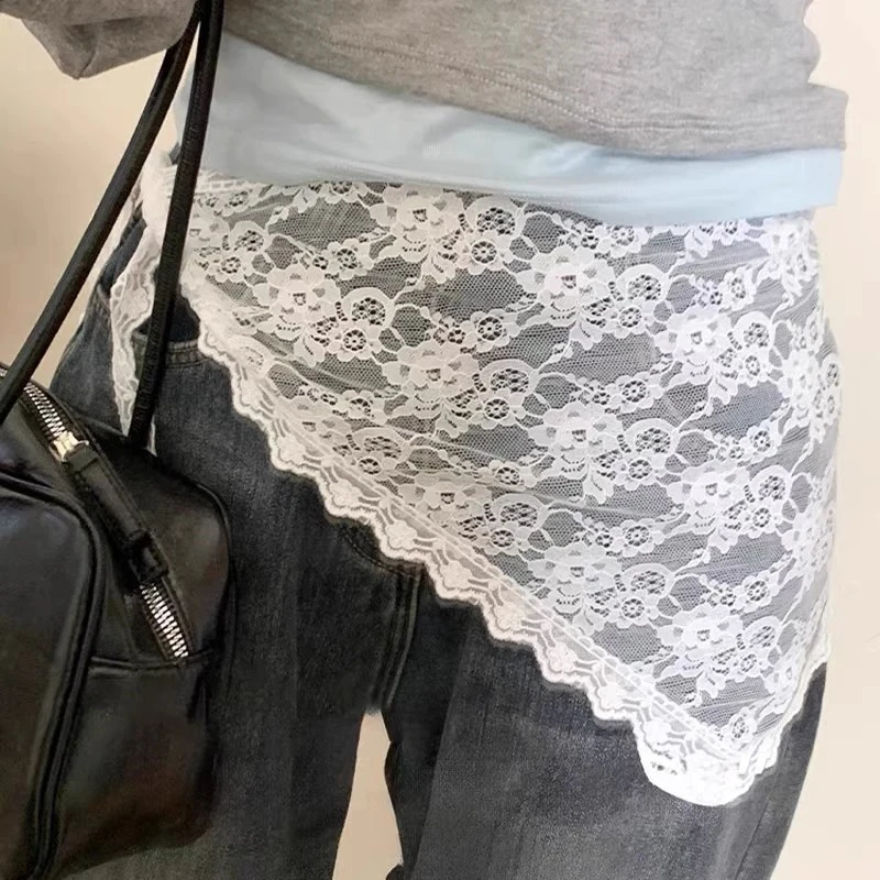 HOT SALE Y2K Stacked Lace Half Skirt Women Lace Tulle Bandage Skirt Layering Butt Curtain Short Skirt Flower Triangle Hair Scarf