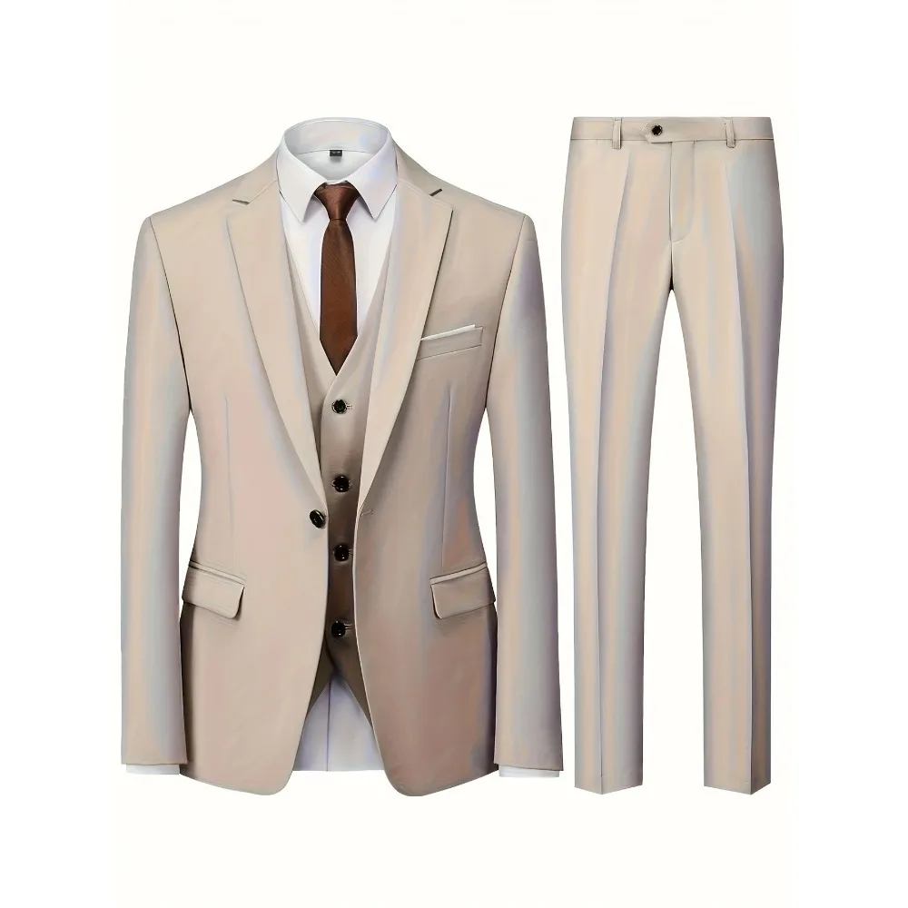 ชุดสูทเบอร์กันดีแบบสามชิ้นทรงเข้ารูป พร้อมเสื้อกั๊กแบบกระดุมแถวเดียว ผลิตจากผ้าผสมคุณภาพพรีเมียม เหมาะสำหรับงานแต่งงาน งานกาล่าดินเนอร์ และงานพิธีการ