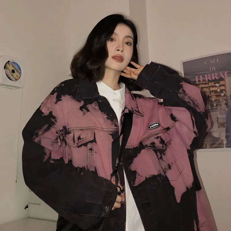 

Women's Autumn Jackets Harajuku Spring Vintage Women Clothing Y2k Denim Jacket Streetwear Hip Hop Plus Size Coats Tie-Dye Loose