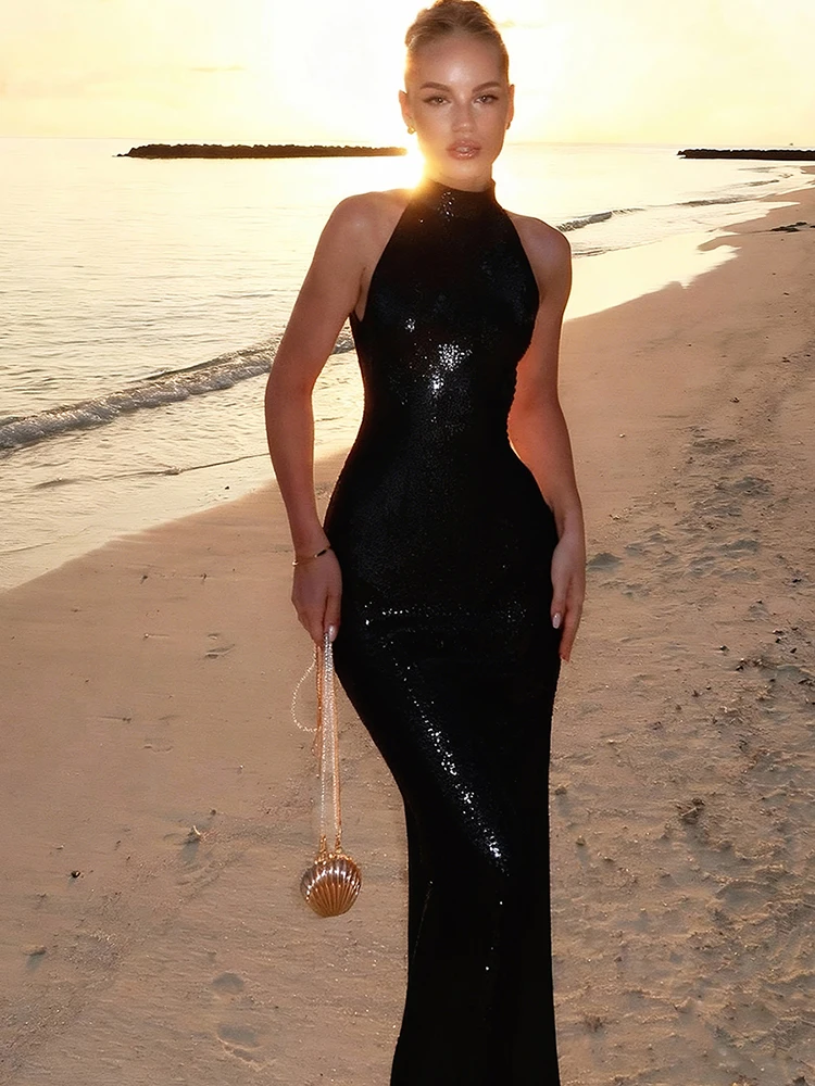 Nibber rückenfreies, durchsichtiges langes Kleid für Damen, 2026, neuer Stil, Neckholder, ärmellos, dünn, pfirsichfarben, Hüfte, Urlaubsmode, nibber, figurbetont