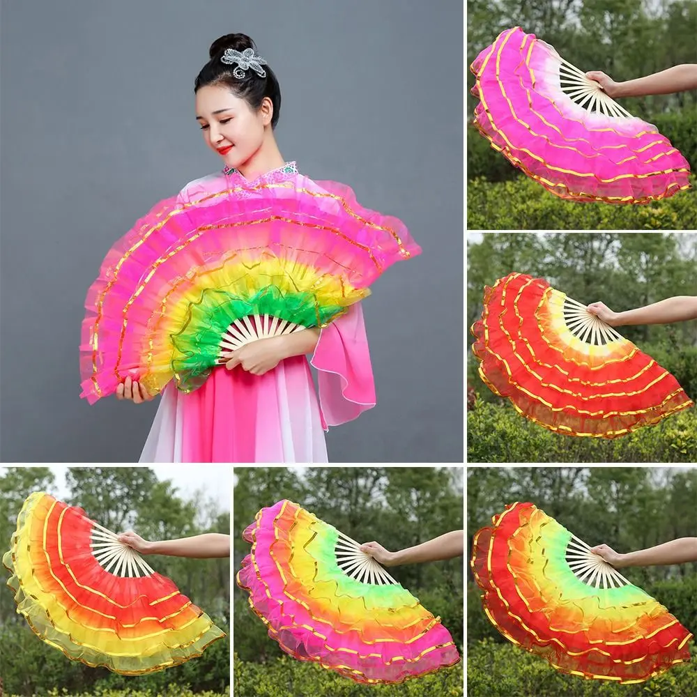 1 Stuks Multicolors Chinese Korte Buikdansen Waaier Halve Cirkel Zijden Sluier Paren Yangko Dans Bamboe Fans Hand Dye Volwassenen Hot Sell