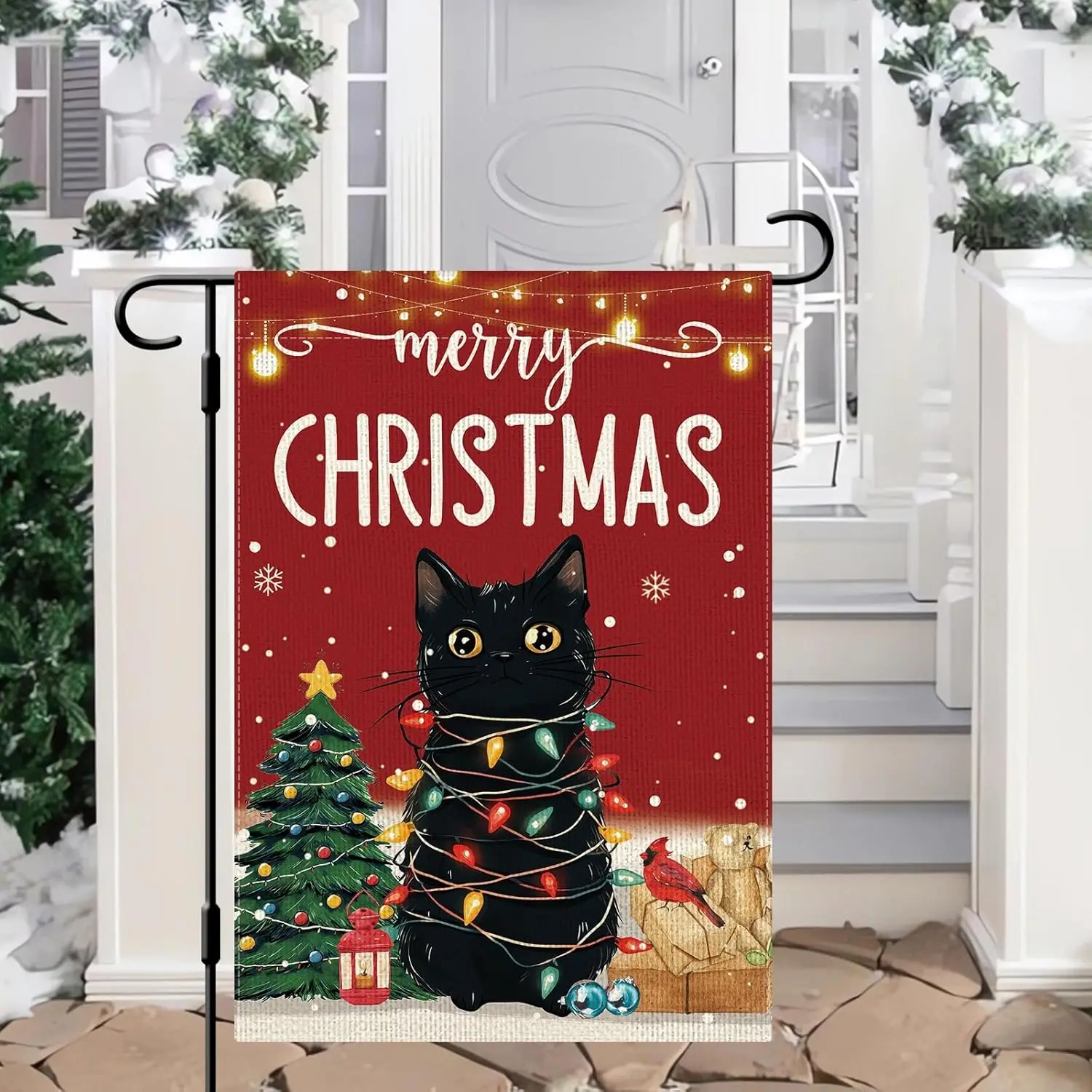 DLZDN Christmas Black Cat Garden Flag 12×18 Inch Double Side Vertical Burlap Farmhouse Yard Sign Winter Holiday Outdoor Deco IIE