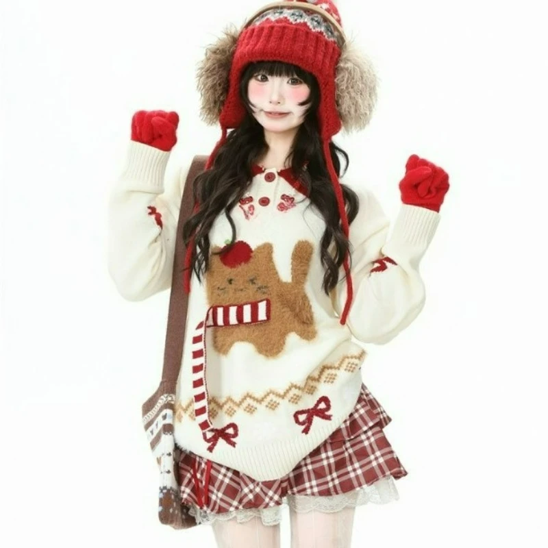 Świąteczny czerwony sweter z dzianiny z nadrukiem kotka dla kobiet, nowy styl jesień/zima 2026, modny, słodki, uroczy, luźny, swobodny top