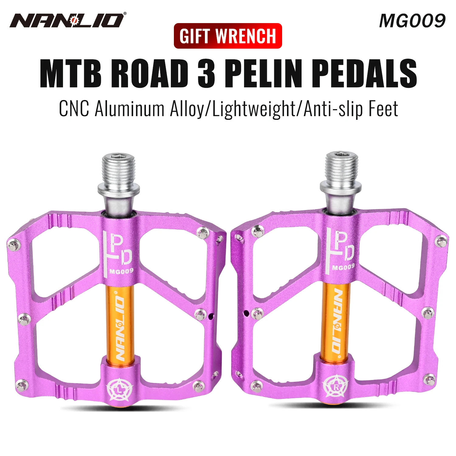 Nanlio Mountain Bike Pedals, Cross-Country, Trail, 6 Sealed Bearings, Wide Platform, 2 Reflectors, 18 Anti-Skid Pins, 290g Pair