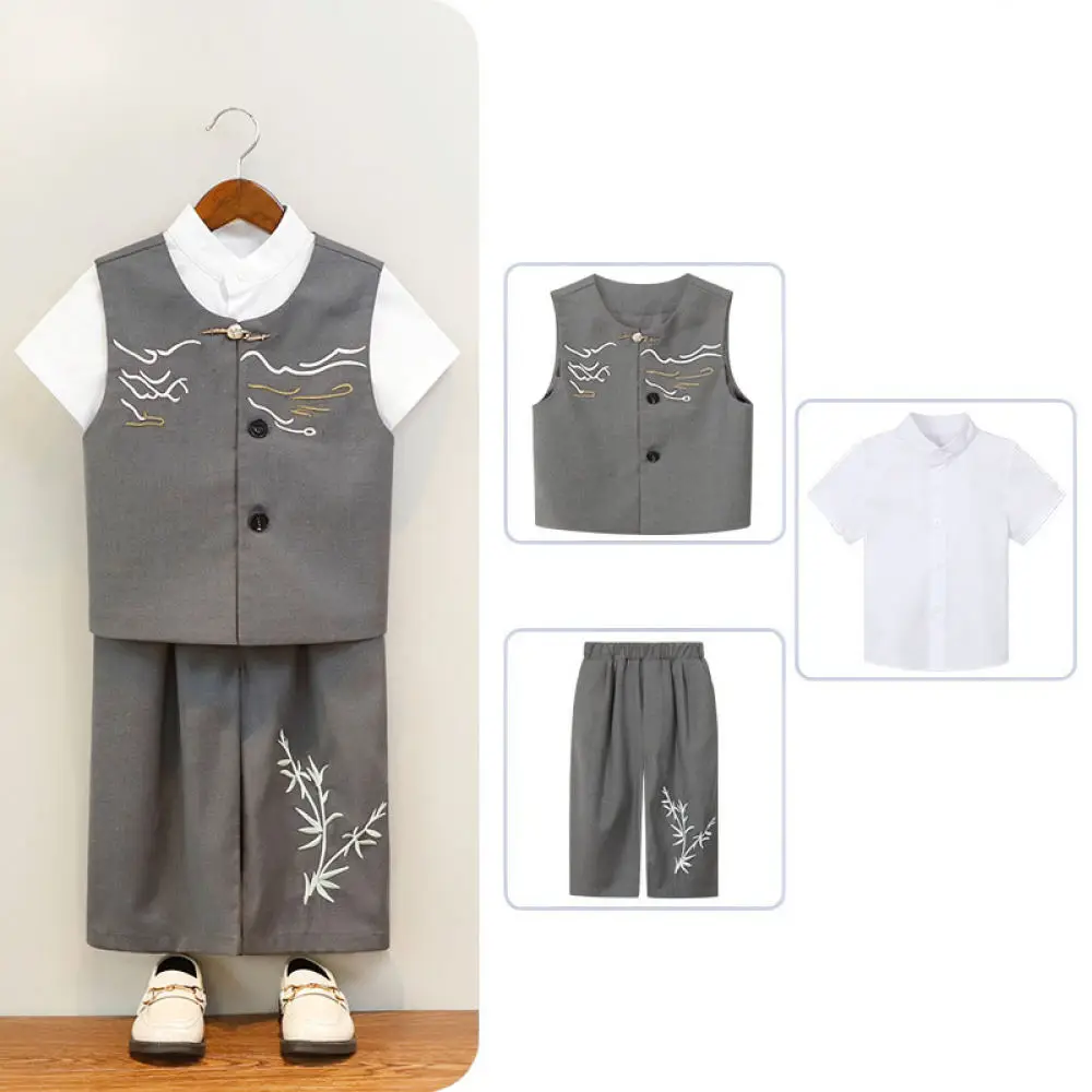 Boys Traditional Chinese Vest Suit Set Embroidery Hanfu Kids Formal Performance Clothes For Graduation Wedding Party Wear Outfit