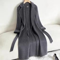 Grey Double-sided Cashmere Coat For women Slim For Autumn Winter New Winter High-end Temperament Thick Woolen Coats With belt