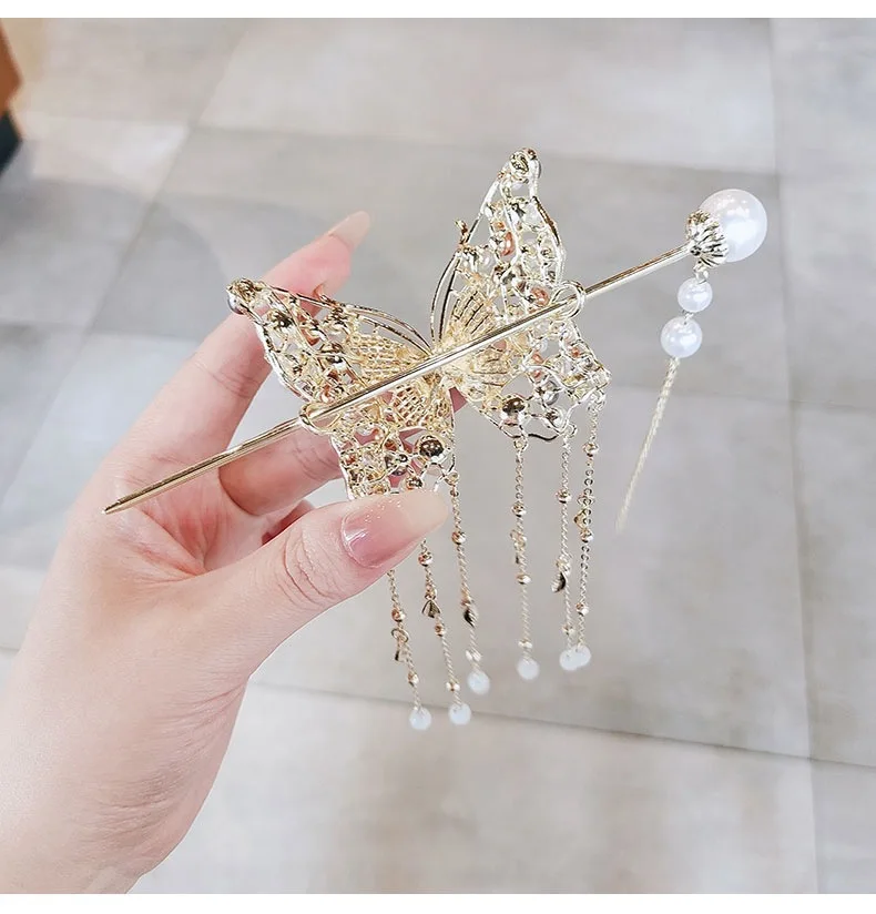 豪華でエレガントなカラーパール蝶タッセル合金ヘアクリップ女性のバンドルヘアクリップパーティーファッショナブルなヘアアクセサリー