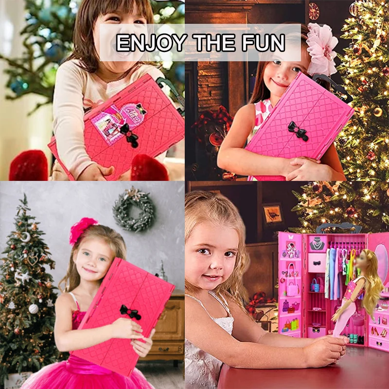 73 ชิ้นชุดตุ๊กตาอุปกรณ์เสริม Playsets รวมตู้เสื้อผ้ารองเท้าชุดราตรีแฟชั่นด้านบนและกางเกงสร้อยคอคริสต์มาสของขวัญของเล่น