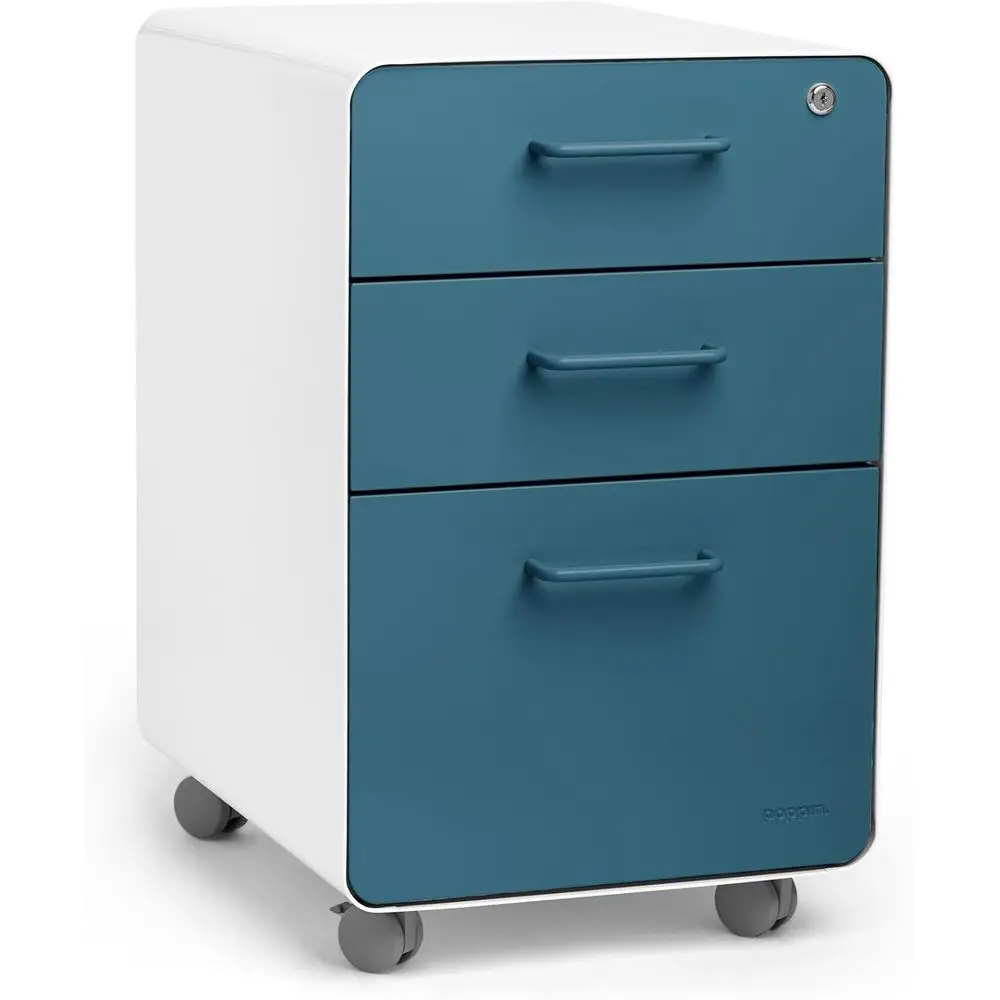 

3-Drawer Rolling Cabinet - White & Blue, Utility & Hanging Storage, Locking & Non-Locking Wheels, Powder-Coated Steel, 2 Keys