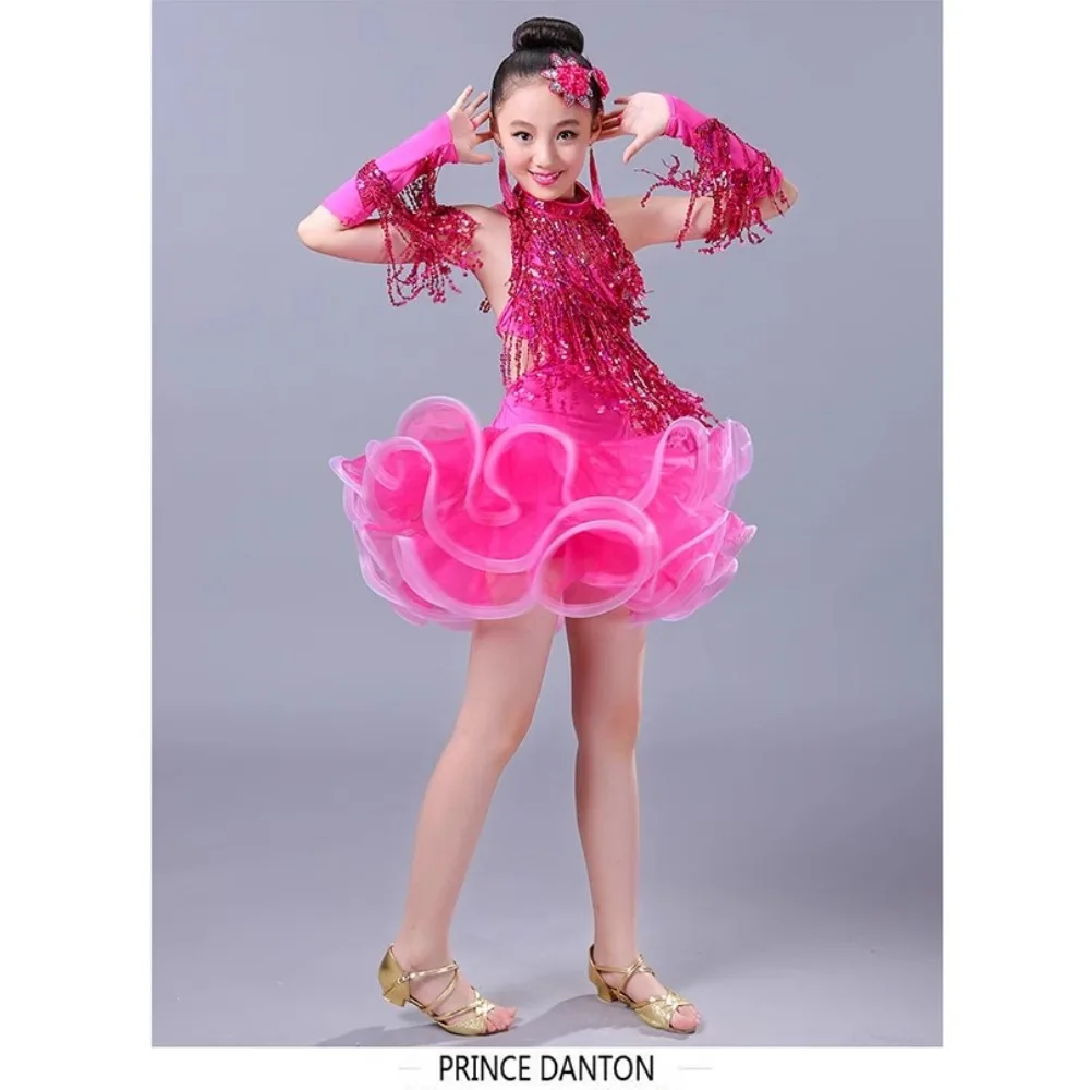 Costumes de danse latine à paillettes pour enfants, jupe latine pour enfants, spectacle, costume de compétition, salsa pour filles, robe à pampilles