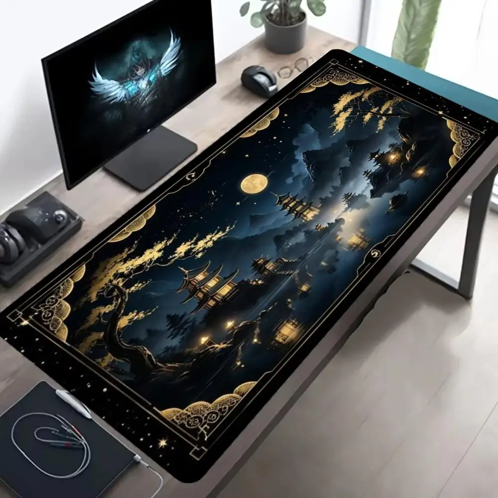 Large  Mouse Pad Desk Mat Keyboard Pad Blue Tone Mountain Forest Full Moon Starry Night Chinese Landscape Print Non Slip Rubber