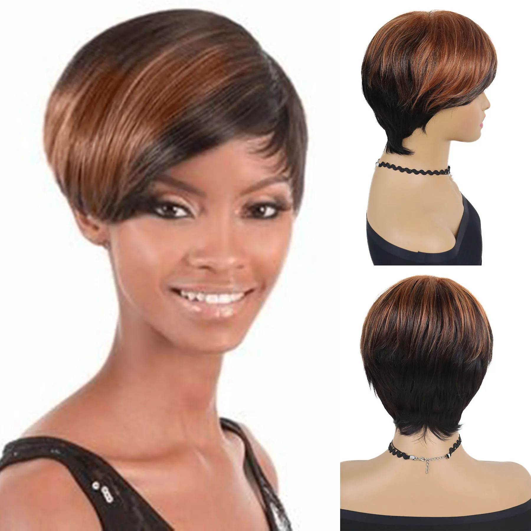 

Выделите синтетические парики Короткие прямые парики с стрижкой пикси Ombre Blonde Brown Смешанный цвет с челкой для чернокожих женщин Ежедневное использование