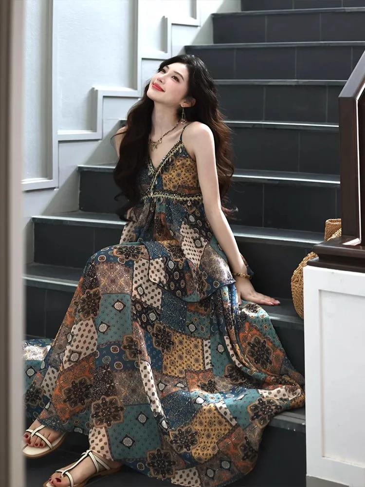 REDDACHiC Vrouwen Boho Print Top Rok Set Fringe Geweven V-hals Cami Elastische Taille Flowy Lange Rok Vakantie Retro Zomer Kleding