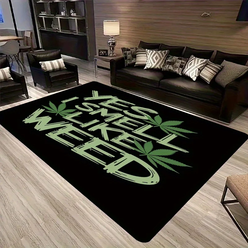 2D Flat Yes I Smell Like Weed Cannabis Leaf Flannel Area Rug Non Slip Funny Quote Carpet For Living Room Dorm Room Decor