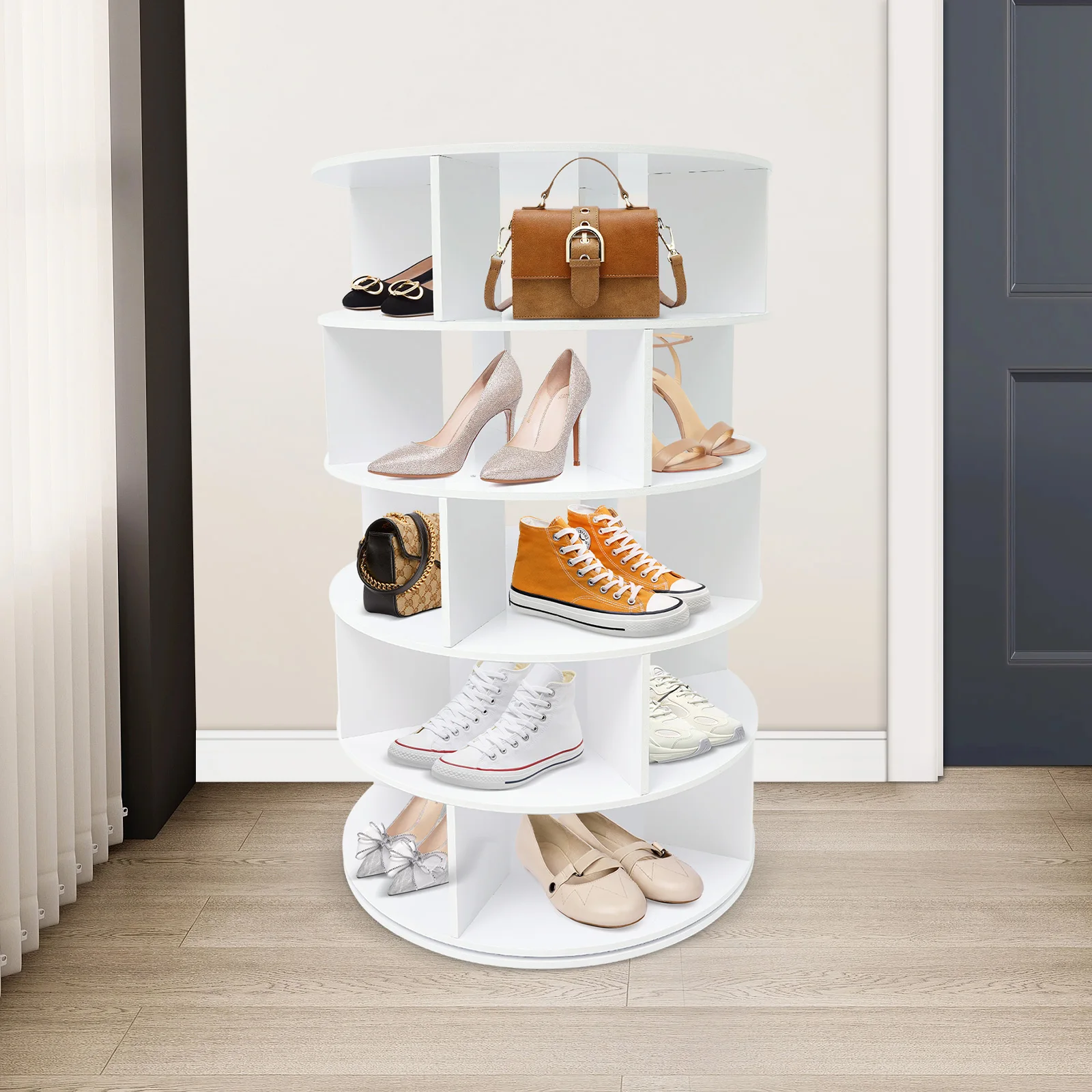 5 Tiers Rotating Shoe Rack Sturdy and Durable Free Standing Shoe Rack Large Capacity Shoe Organizer PVC White/Black/Pink