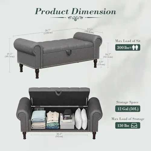 51” Bench with Storage, Upholstered Tufted Button Bedroom Bench with Storage, Faux Leather End of Bed Bench with Rolled