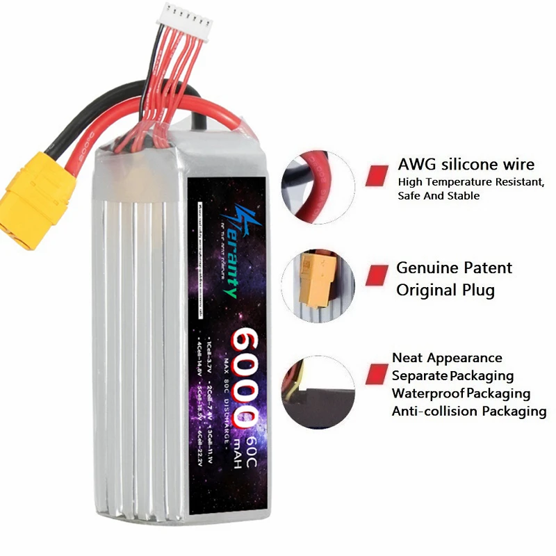 Teranty 6000mAh 6S 22.2V 60C RC يبو بطارية بطارية قابلة للشحن ل RC سيارة FPV شاحنة هليكوبتر مع موصل XT60 XT90