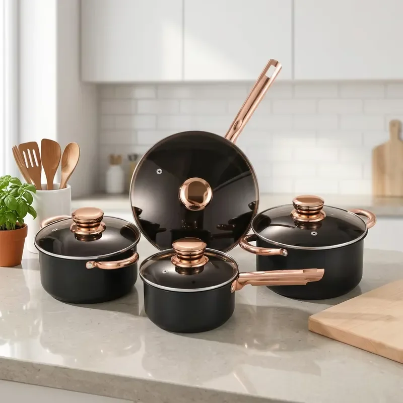 Custom household kitchen utensils stainless steel 8-piece set, black clad pot set with glass lid, non-stick pot set