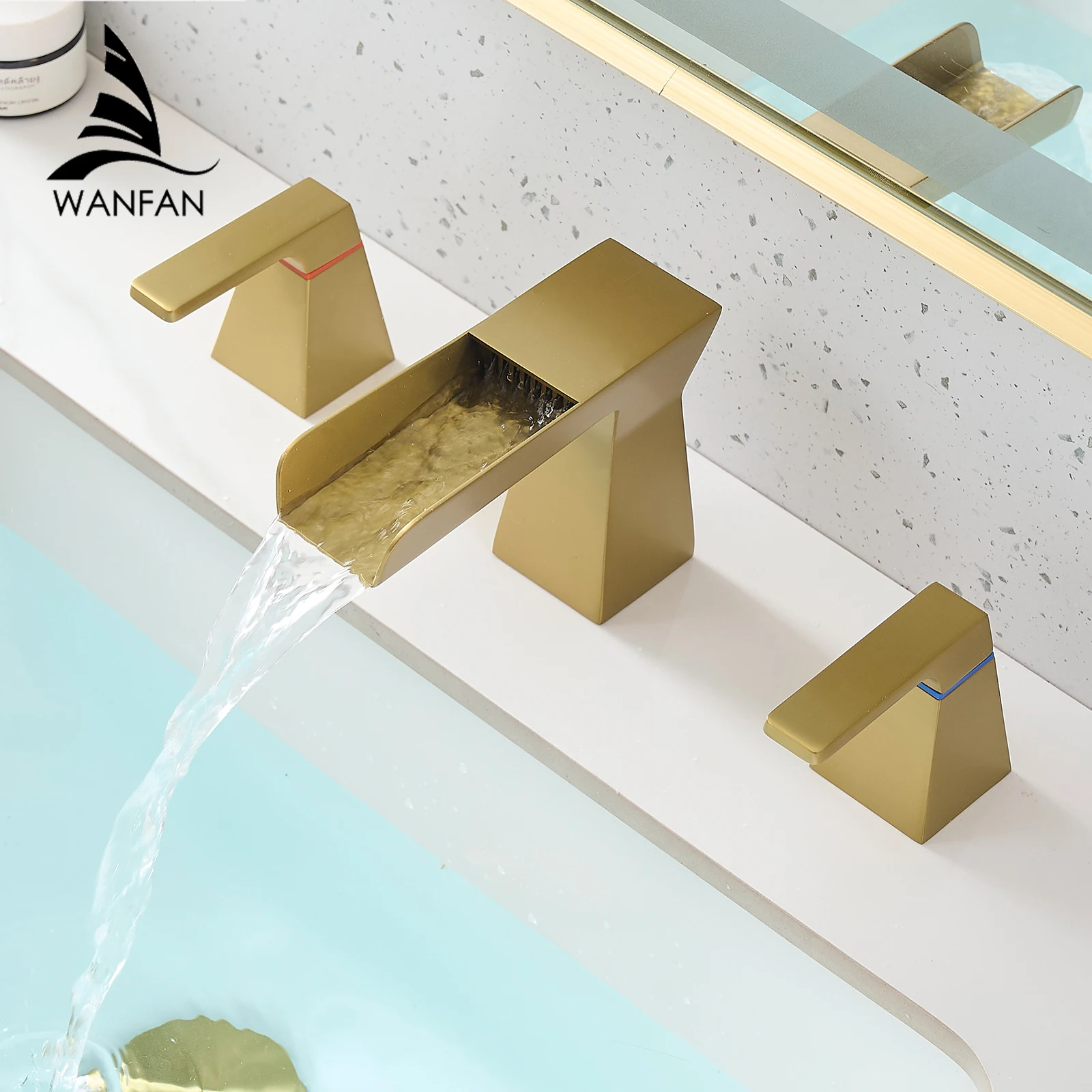 

Brushed Nickel Bathroom Faucet 3 Holes Two Handles Lavatory Vanity Sink Faucet Widespread Basin Sink Waterfall LED Faucet 855123