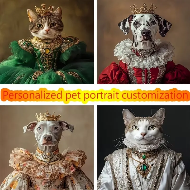 1Pcs Personalized Pet Portrait Custom Art Canvas Poster Print Queen Dog Royal Pet Renaissance Cat Animal Picture Interior Decor