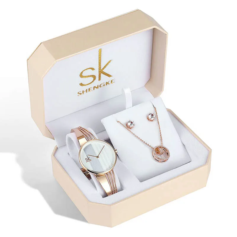 Shengke Luxury Crystal Earrings Necklace Women Watches Set Girl Clock Reloj Mujer 2021 SK Ladies Quartz Watch Gifts For Women