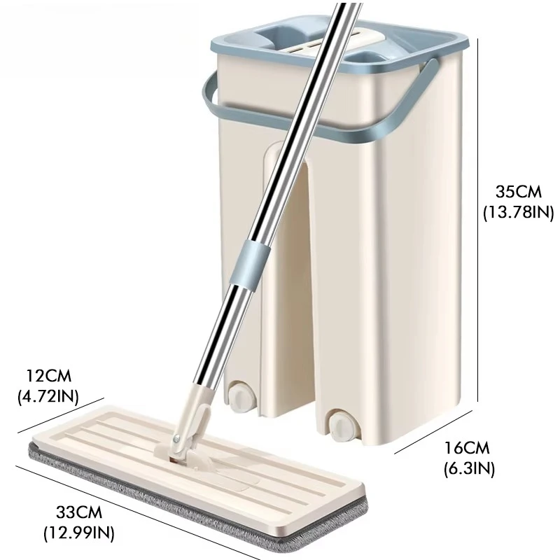 Hands-free flat mop bucket set, self-cleaning washing and drying system, stainless steel handle
