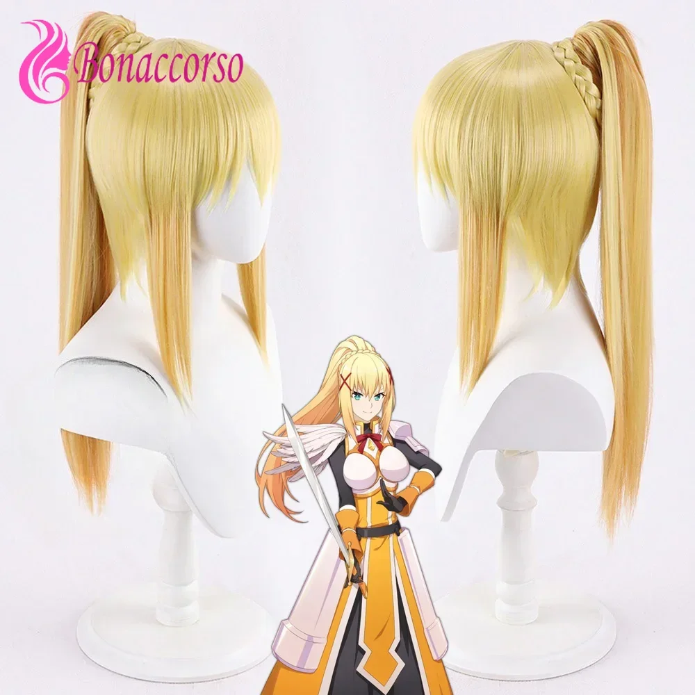 Bless The Beautiful World Anime Cosplay Wig Darkness Synthetic Long Ponytail Straight Wig Golden Yellow Anime Cute Girl Wig