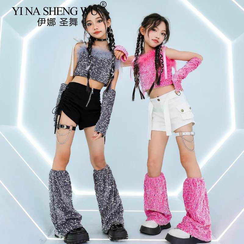 Costume da jazz con paillettes rosa Vestito da palcoscenico per ragazze Hip Hop Pantaloncini bianchi neri Kpop Kid Glitter Abiti di moda Vestito da spettacolo di danza