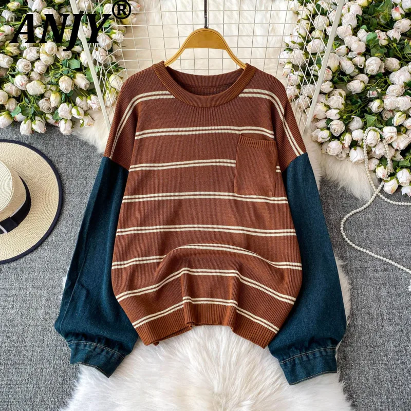 

ANJY Autumn New Women Pullover Sweater Striped Patchwork Denim Long Sleeve Contrast Cplor Pocket O-neck Elegant Ins Casual A9610