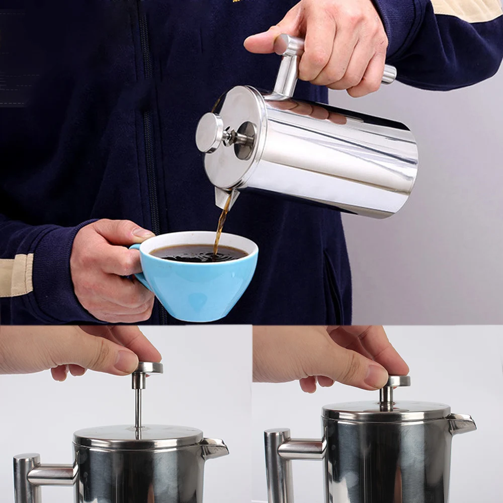 Coffee Percolator Pot Stainless Steel Tea Maker Pot Double Wall French Press Coffee Maker Espresso Coffee Machine Large Capacity