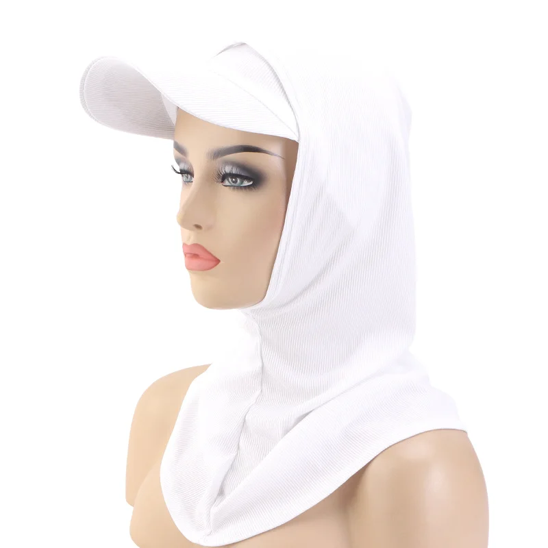 女性用ムスリムヒジャブ2点セット アミラスタイル帽子付きヘッドスカーフ インスタントターバン ヘッドネックカバー アウトドア日よけフード付きラップ 女性用