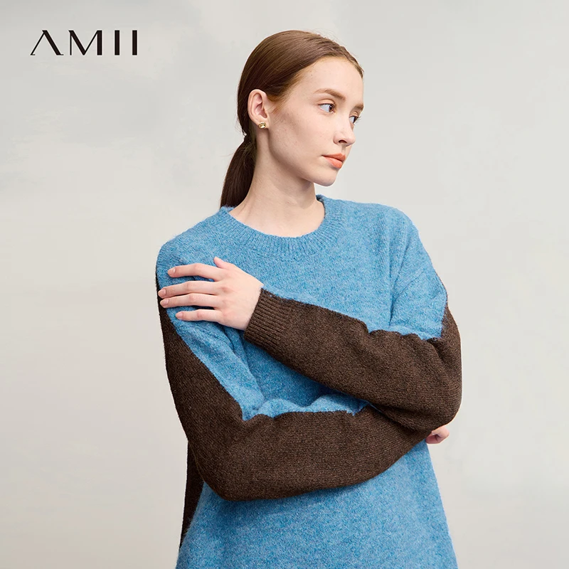 

AMII Sweater For Woman 2025 Winter New O-Neck Long Sleeve Loose Patchwork Women's Sweater Pullover Knitted Top Female 12544170