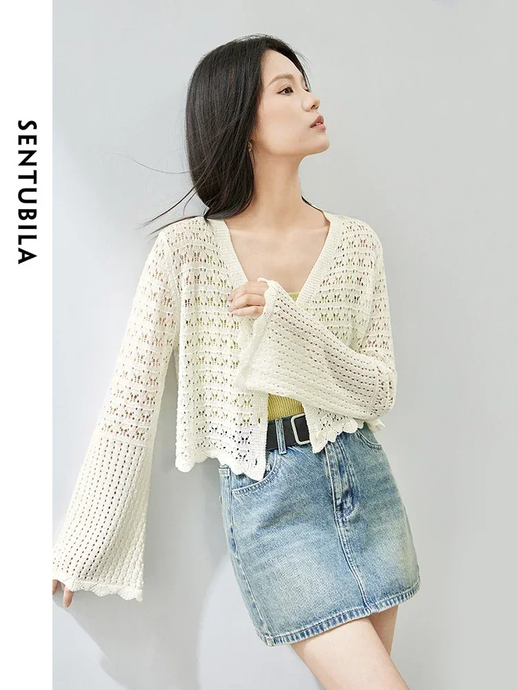 

SENTUBILA Lyocell Line Blend Cropped Cardigan Women 2024 Summer Hollow Out Long Flare Sleeve V-neck Knit Tops Knitwear W41W54015