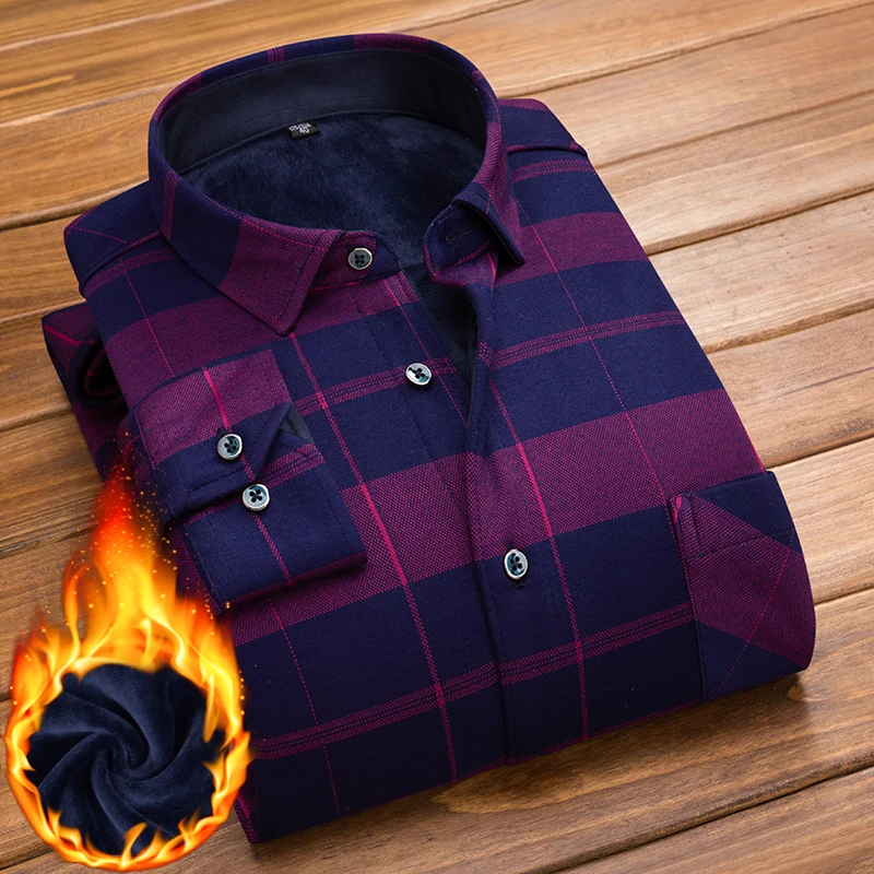 Plaid Printed Shirt Men's Winter Thicken Fleece Warm Long-sleeved Classic Business Casual Elastic Plush Velvet Thermal Shirts