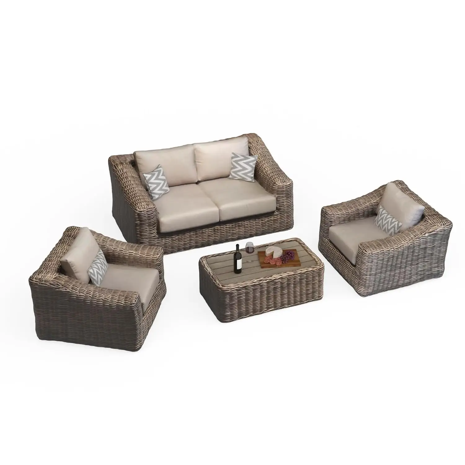 

4pc Wicker Patio Set Deep Seat Weather Cushions Loveseat 2 Chairs Coffee Table Outdoor, Customized