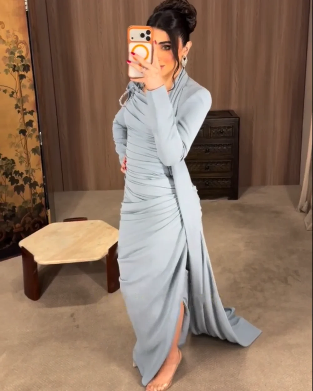 Customized Exquisite Jersey Pleat Sequined Pattern Straight O-Neck Long Bespoke Occasion Prom Dresses Chinese Style