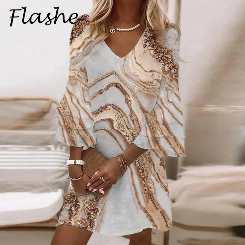 Image 3: Robe de plage à manches évasées pour femmes, robe de soirée patchwork, col en V, imprimé vintage, robe trapèze, mode Boho