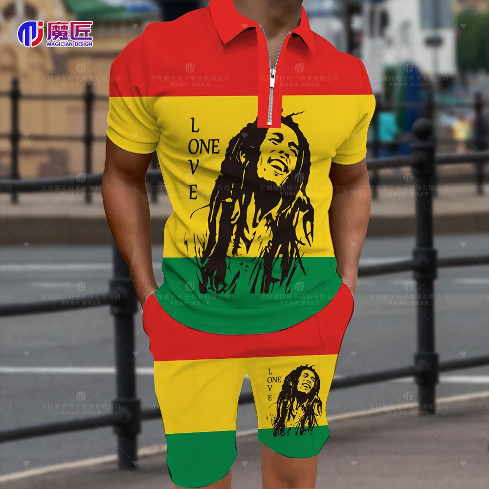 Bob Marley Short-Sleeved POLO Shirt Lapel Suit Sports Meeting Fashion Men\'s Shirt + Shorts Casual 2-Piece Fitness Running Suit