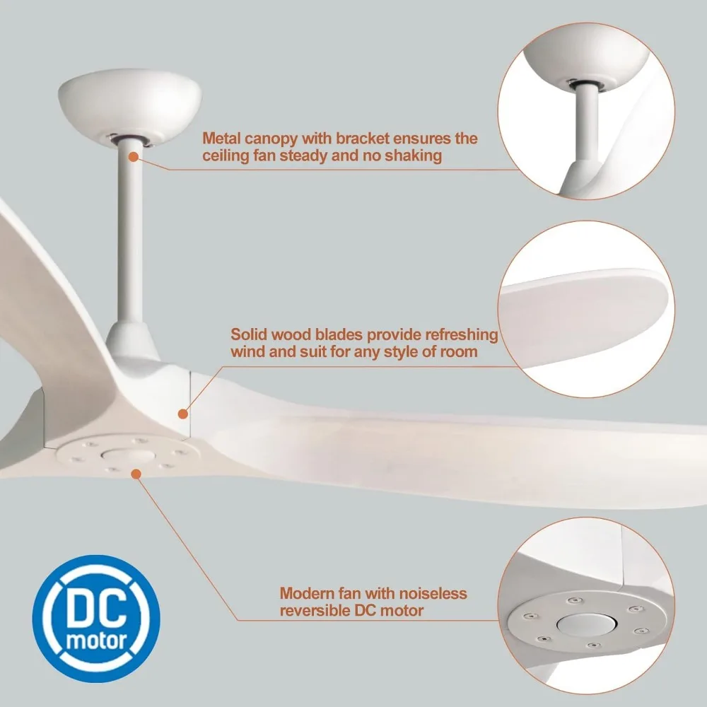 Ventilateur de Plafond Moderne de 60 Pouces avec 3 Bois, Moteur DC Réversible Silencieux et Télécommande, pour Patios Extérieurs et Intérieurs et Chambre à Coucher, Blanc