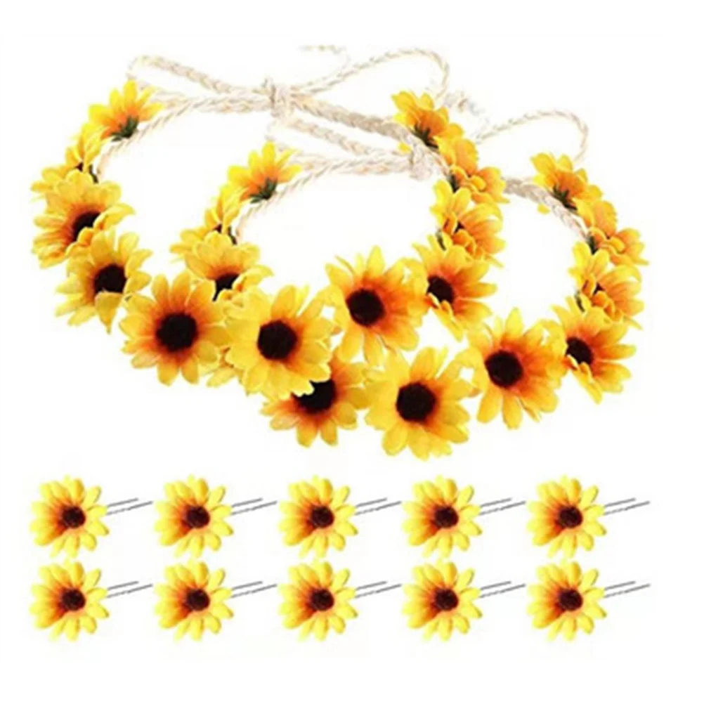 

2Pcs Floral Headband Sunflower Hair Wreath Cloth Material Comfortable Lightweight Chic Hair Accessory for Weddings Parties Beach