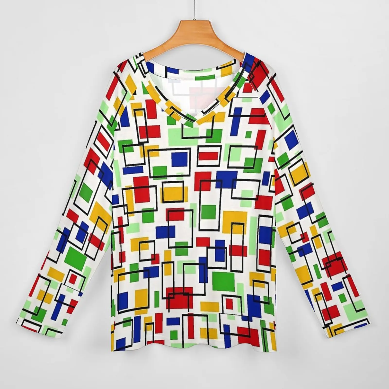 Colorful Mondrian Print T Shirts  Modern T Shirt Female Long-Sleeve Street Fashion Tops Oversized V Neck Pattern Tees