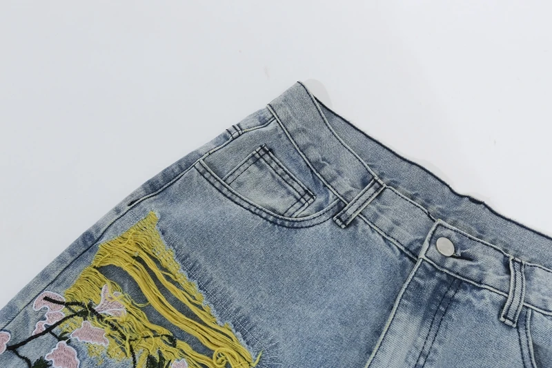 Chinesische Malerei-Stickerei auf Denim-Jeans für Herren, Streetwear mit Falten und Quasten, Distressed Destroyed Jeans, Gerade geschnittene Hose – Detail 7