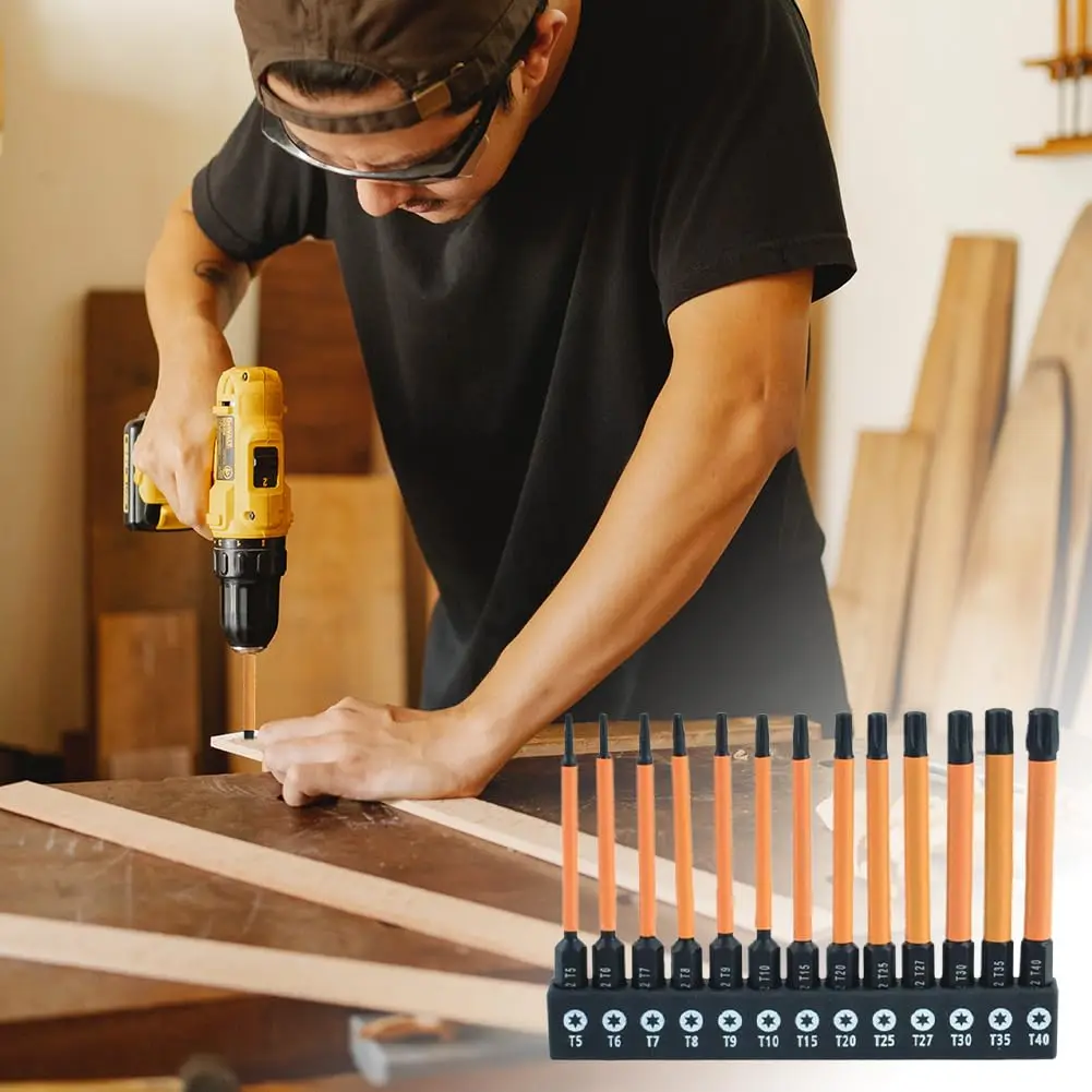 مجموعة لقم مفك توركس مكونة من 13 قطعة من رافورد (T5-T40، 75 مم): سبائك فولاذية S2، مغناطيسية قوية، ساق سداسية 1/4 بوصة، متوافقة مع برنامج تشغيل الصدمات