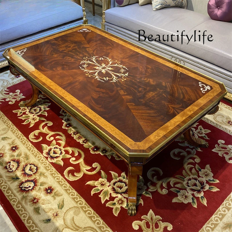 

European solid wood coffee table brass inlaid rectangular tea table British court classical luxury tea table