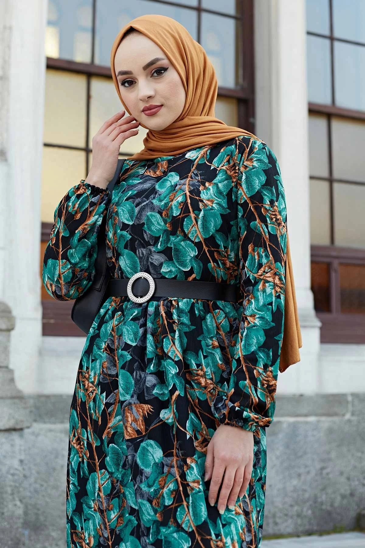 Arched Leaf Patterned Dress NY-Emerald Winter Autumn 2021 Muslim Women Hijab headscarf Islamic Turkey